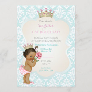 Ethnic Princess Baby Girl Gold Crown Aqua Pink Invitation