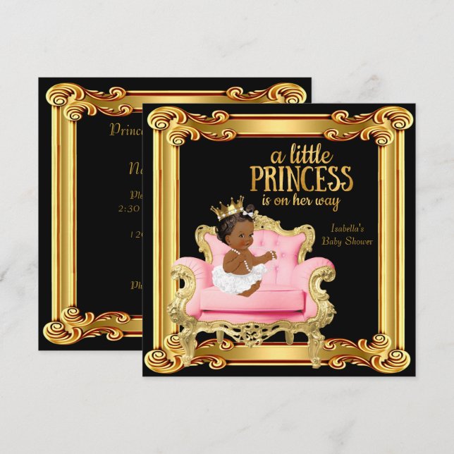 Ethnic Princess Baby Shower Black Pink Gold Chair Invitation (Front/Back)