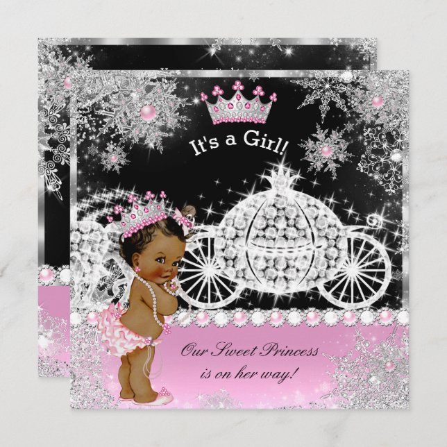 Ethnic Princess Baby Shower Carriage Pink Black Invitation (Front/Back)