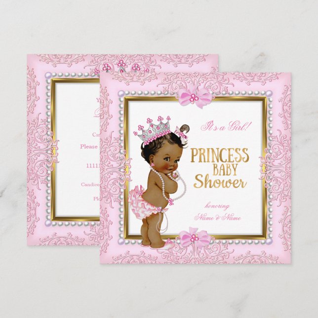 Ethnic Princess Baby Shower Gold Pink Pearls Lace Invitation (Front/Back)