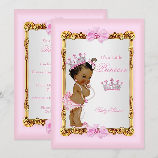 Ethnic Princess Baby Shower Gold Pink Pearls Tiara Invitation (Front/Back)