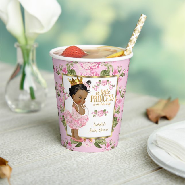 Ethnic Princess Baby Shower Pink Gold Rose Floral Paper Cups (Insitu)