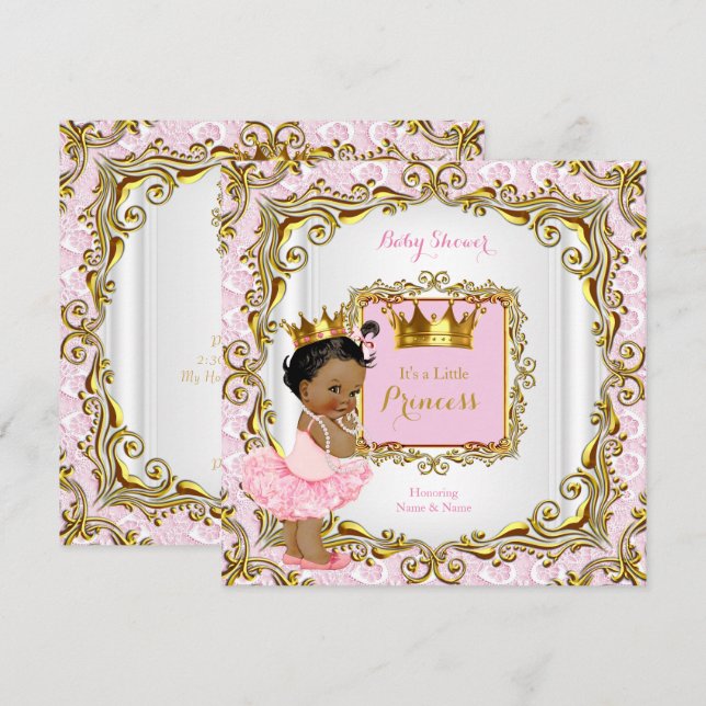 Ethnic Princess Baby Shower Pink Lace White Gold Invitation (Front/Back)