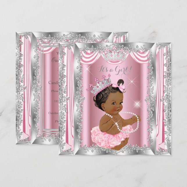 Ethnic Princess Baby Shower Pink Silver Ballerina Invitation (Front/Back)