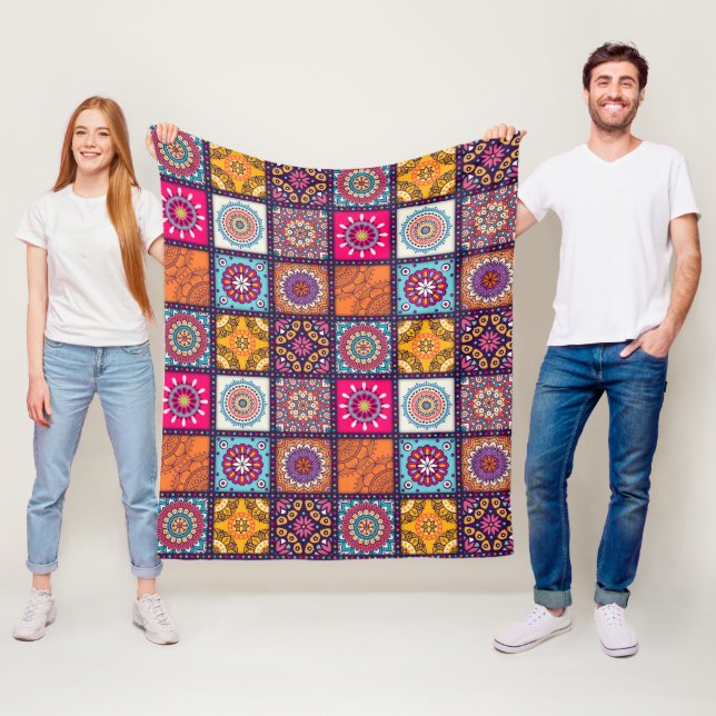 Ethnic print colourful mandala style pattern fleece blanket (In Situ)