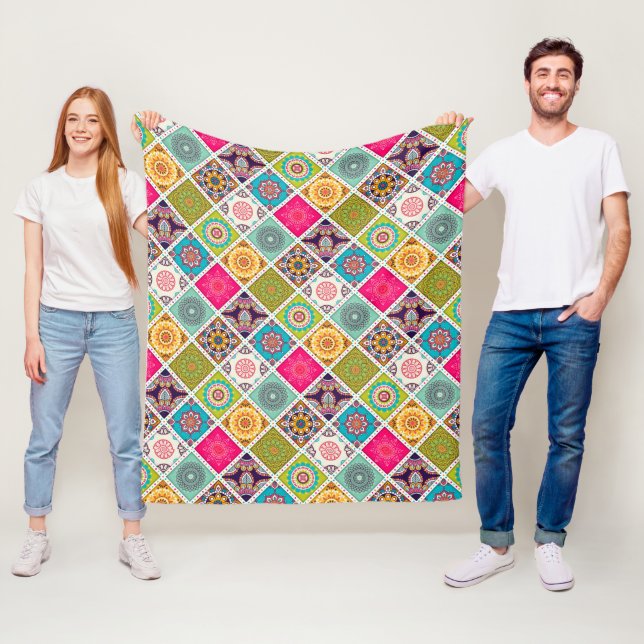 Ethnic print colourful mandala style pattern fleece blanket (In Situ)