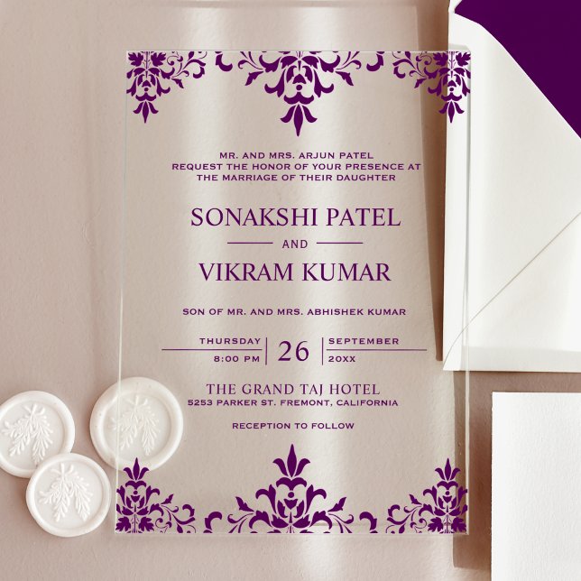 Ethnic Purple Damask Indian Wedding Acrylic Invitations (Creator Uploaded)