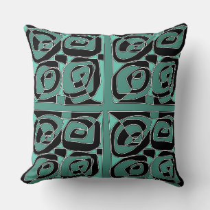 Ethnic Roses Black White Teal Green Cushion