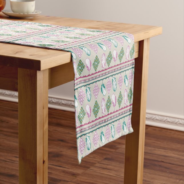 Ethnic Southwestern Geometric Feathers Short Table Runner (In Situ)