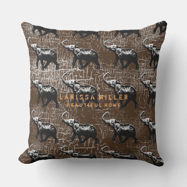ethnic-style elephants distressed brown outdoor cushion (Front)