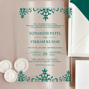 Ethnic Teal Damask Indian Wedding Acrylic Invitations