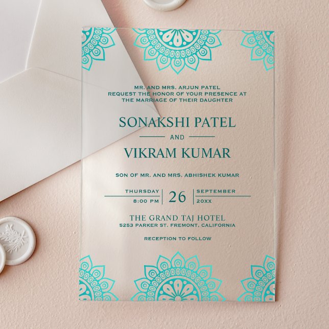 Ethnic Teal Mandala Indian Wedding Acrylic Invitations (Creator Uploaded)