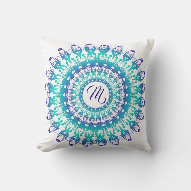 Ethnic teal mandala. monogram. cushion (Front)