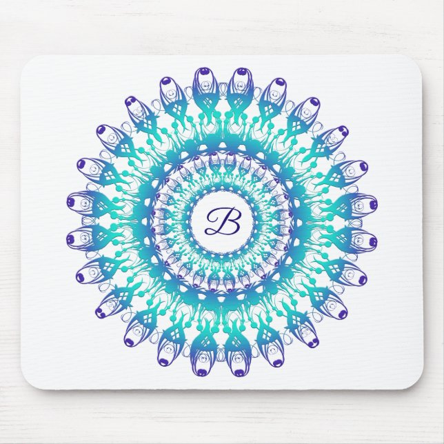 Ethnic teal mandala. monogram. mouse pad (Front)