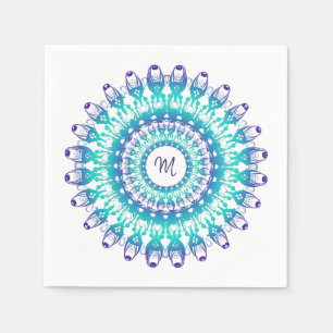 Ethnic teal mandala. monogram. napkin