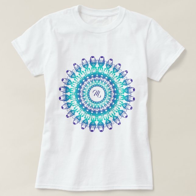 Ethnic teal mandala. monogram. T-Shirt (Design Front)