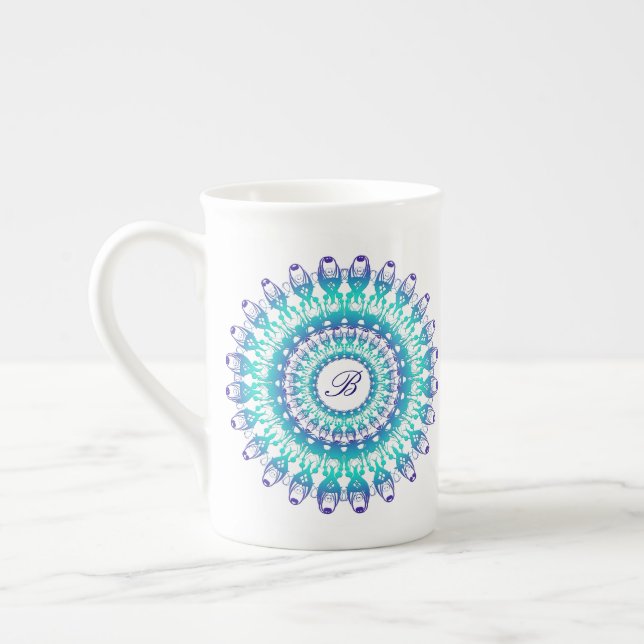 Ethnic tel mandala. monogram. bone china mug (Left)