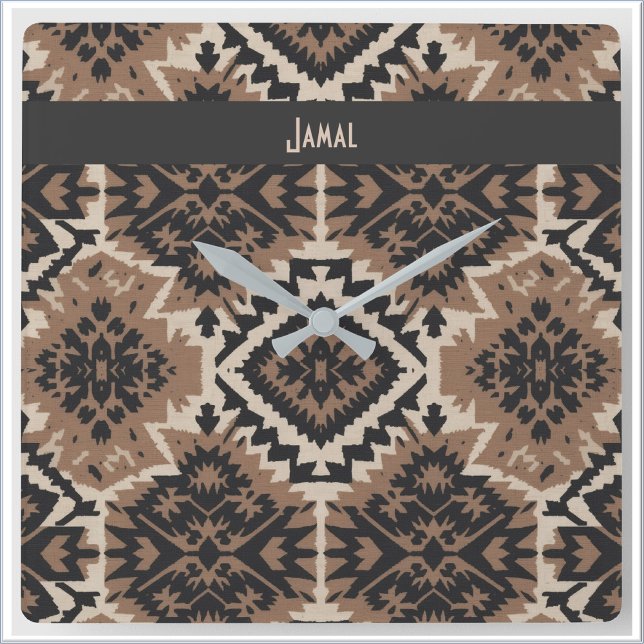 Ethnic Tribal Mudcloth Black & Tan Square Wall Clock (Creator Uploaded)