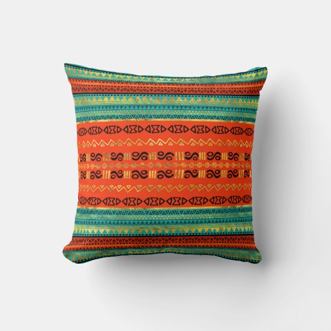 Ethnic Tribal Pattern Gold Orange and Teal Cushion (Front)