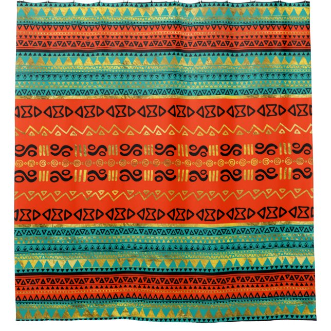 Ethnic Tribal Pattern Gold Orange and Teal Shower Curtain (Front)