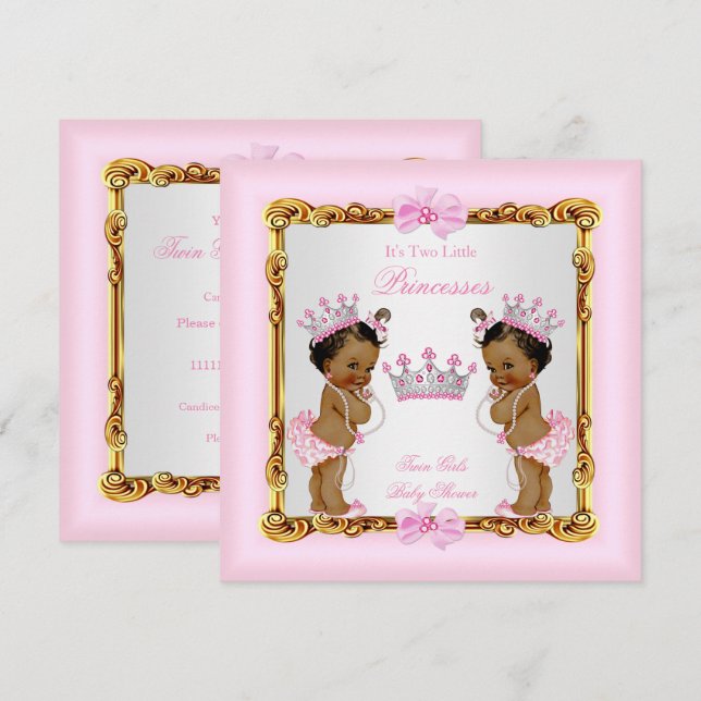 Ethnic Twin Girls Princess Baby Shower Gold Pink Invitation (Front/Back)