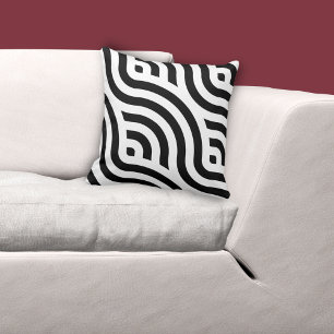 Ethnic White Wave Pattern Black Cushion