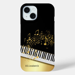 ETrendy Black Gold Music Notes,Piano Keys  iPhone 15 Case