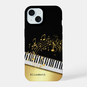 ETrendy Black Gold Music Notes,Piano Keys  iPhone 15 Case