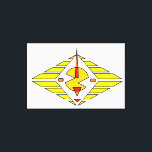 Etude12. Gateway. Canvas Print<br><div class="desc">"Etude12. Gateway" is an abstract graphic composition featuring a bold geometric style. At its heart lies a stylized yellow disc intersected by dynamic red and orange elements resembling arrows or antennas. The entire composition is framed within a diamond shape formed by parallel golden plates against a deep black background. The...</div>