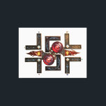 Etude № 15 - "To the Four Cardinal Directions" . Canvas Print<br><div class="desc">A complex digital illustration of a mystical navigational artifact titled "To the Four Cardinal Directions." The piece features a central mechanical core with interlocking gears, flanked by two deep crimson spheres containing swirling cosmic nebulae. Four dark, ornate L-shaped brackets extend outward, decorated with glowing constellations, astrological signs, and ancient symbols...</div>