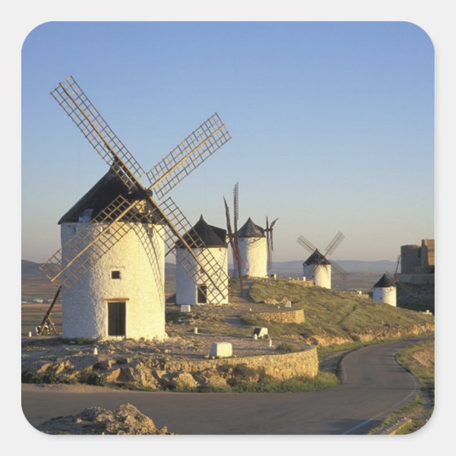 EU, Spain, La Mancha, Consuegra. Windmills and Square Sticker (Front)
