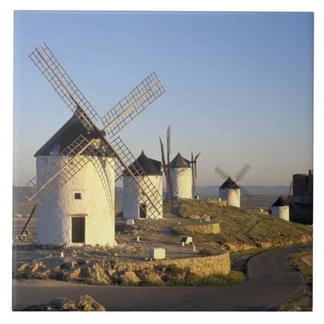 EU, Spain, La Mancha, Consuegra. Windmills and Tile (Front)