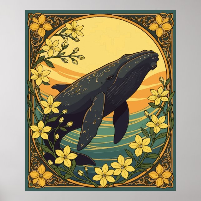 Eubalaena glacialis And Yellow Jasmine Flowers Poster (Front)