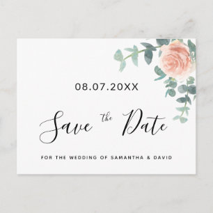Eucaluptus floral rose gold wedding save the date postcard