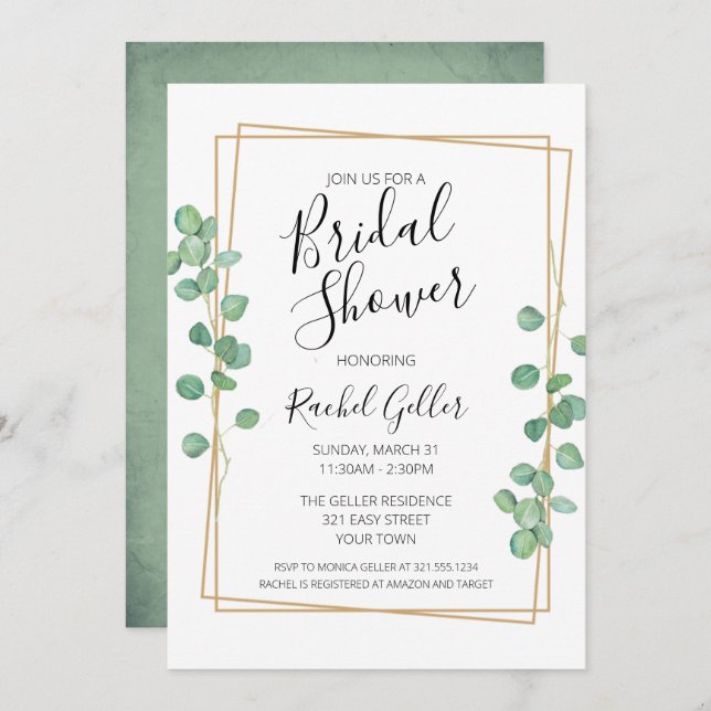 Eucalyptis w/ Gold Frame Bridal Shower Invitation (Front/Back)