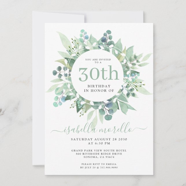 Eucalyptus 30th Birthday Invitation (Front)