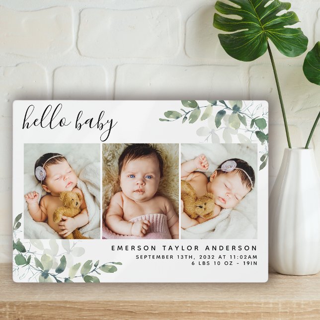 Eucalyptus 3 Photo Baby Birth Stats  Plaque (Creator Uploaded)