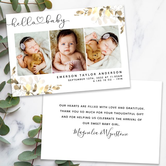 Eucalyptus 3 Photo Baby Birth Stats  Thank You Card (Creator Uploaded)