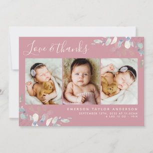 Eucalyptus 3 Photo Baby Birth Stats Thank You Card