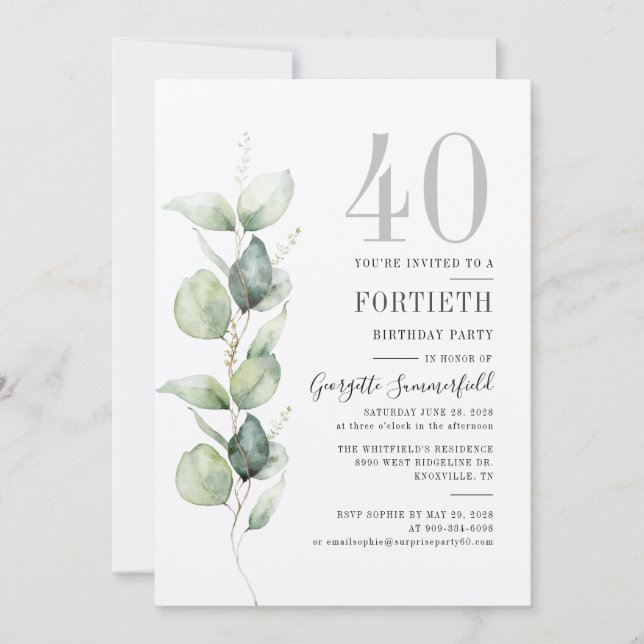 Eucalyptus 40th Birthday Party Invitation (Front)