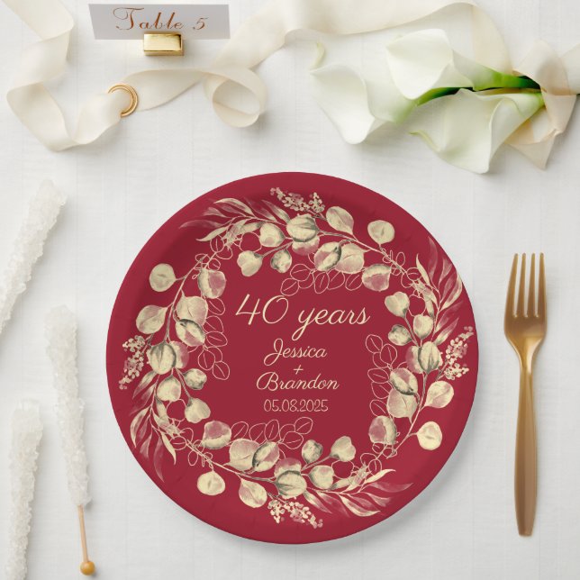 Eucalyptus 40th Red Ruby Wedding Anniversary  Paper Plate (Wedding)