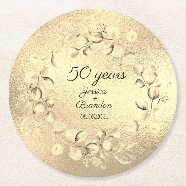Eucalyptus 50th Golden Wedding Anniversary  Round Paper Coaster (Front)