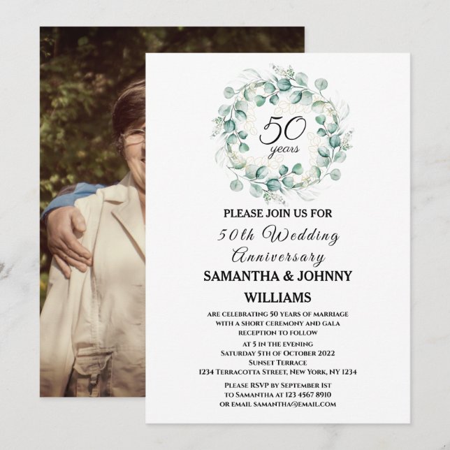 Eucalyptus 50th Wedding Anniversary Photo Gold Invitation (Front/Back)