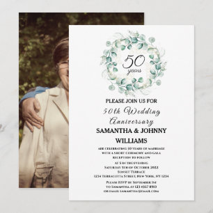 Eucalyptus 50th Wedding Anniversary Photo Gold Invitation