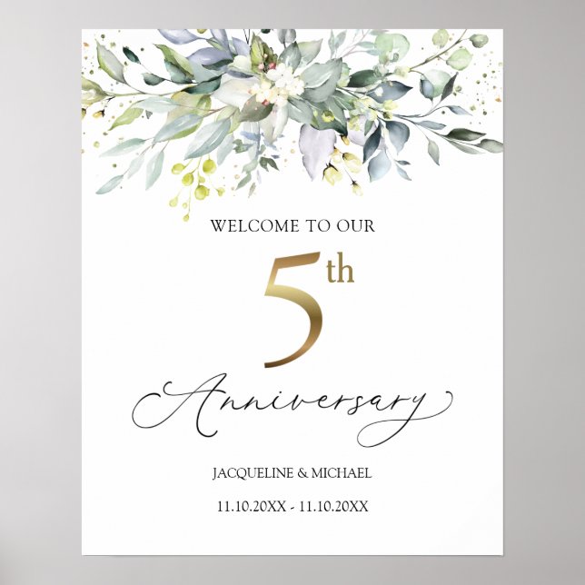 Eucalyptus 5th Wedding Anniversary Welcome Sign (Front)