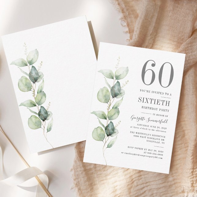 Eucalyptus 60th Birthday Greenery Foliage Card (Eucalyptus 60th Birthday Party Invitation)