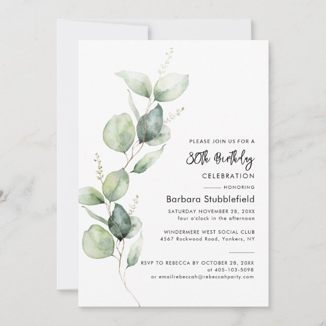 Eucalyptus 80th Birthday Party Botanical Invitation (Front)