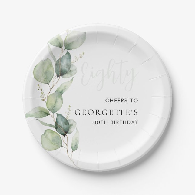 Eucalyptus 80th Birthday Watercolor Foliage Paper Plate (Front)