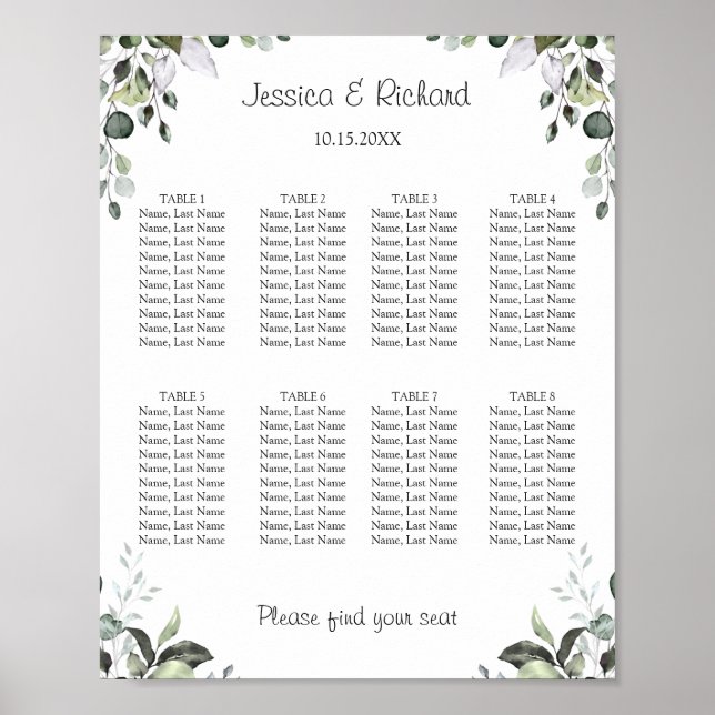 Eucalyptus 8 Tables Seating Chart Poster Sign (Front)