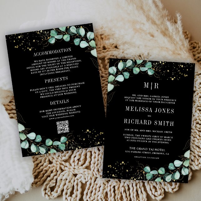 Eucalyptus All in One QR Code Black Formal Wedding Invitation (Creator Uploaded)